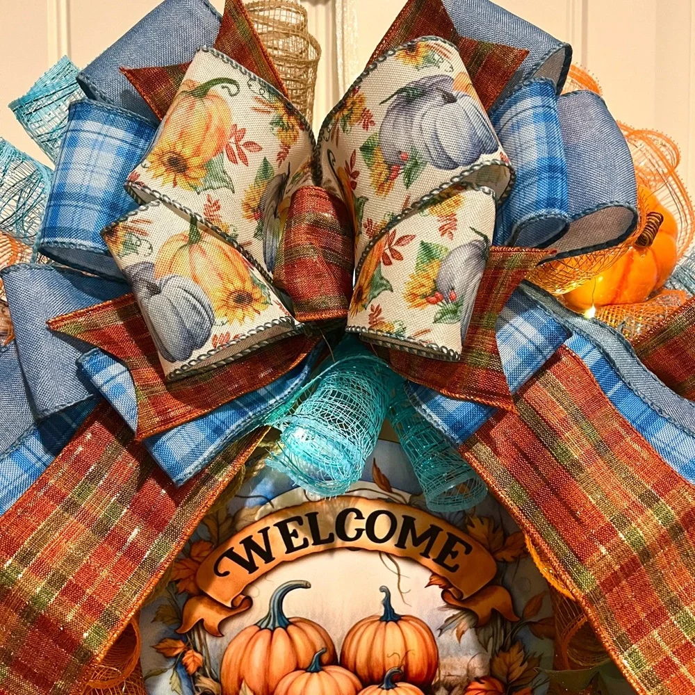 Handmade Fall Autumn Blue Thanksgiving Ribbon Welcome Door Wreath Leaf 22 in LED